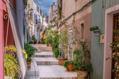 Alicante 'nin eski güzel caddeleri, küçük ağaçlı güzel saksılar, cadde boyunca çiçekler. Sokak merdivenleri, eski İspanyol mimarisi.