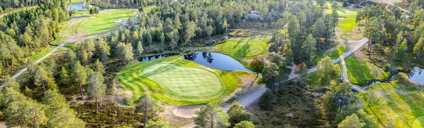 Kuzey Ormanı 'ndaki golf sahasında hava manzarası. Tanımlanamayan insanlar golf sahasını değiştirmek, çam ağaçları etrafında yürüyüş oynuyorlar. Sıcak güneşli bir gün golfçüler için mükemmel.