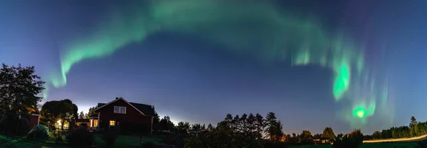 Panorama Dans Norrsken Aurora Borealis Hösten Över Norra Horisonten Landsbygden — Stockfoto