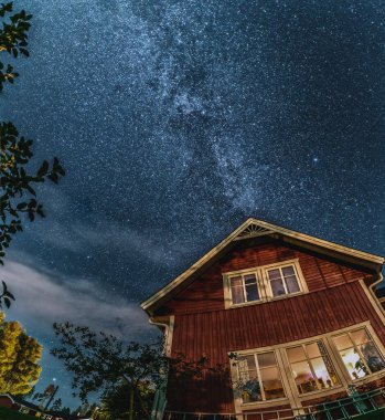 Samanyolu, İsveç geleneksel ahşap kırmızı evinin çatısının hemen üstünde, bahçede gece sahnesi. Yıldızlı gökyüzü, aşağıdan yukarı görünüm