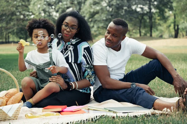 Mutlu piknikler, rahatlayın. Bahçede baloncuk patlatan oğlu olan siyahi aile.