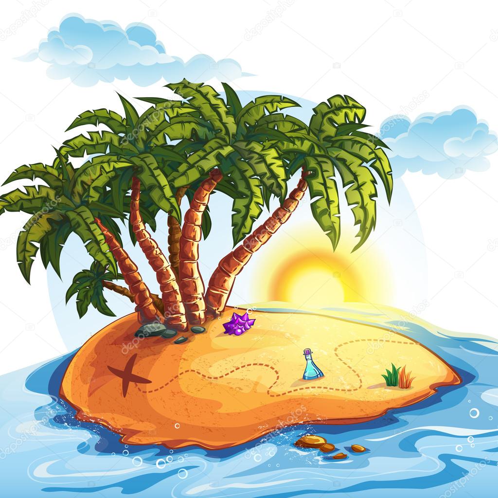 Illustration island with palm trees and treasures