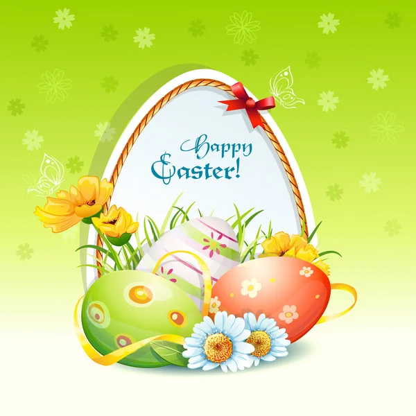 Feliz tarjeta de Pascua con flores y huevos de Pascua-EPS-10 — Vector de stock