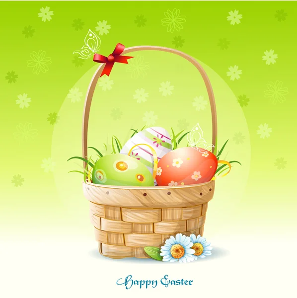 Cartão de Páscoa feliz e uma cesta com ovos de Páscoa-EPS10 — Vetor de Stock