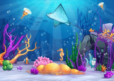 Underwater world with a funny fish and fish ramp