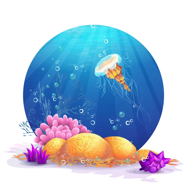 Underwater rocks with seaweed and fish fun — Stock Vector