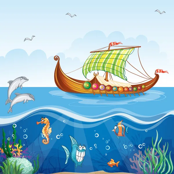 商人と水の世界の船バイキング s.vi — ストックベクタ