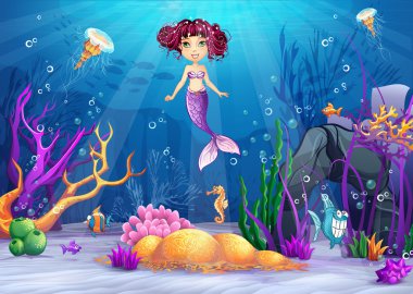 Underwater world with a mermaid with pink hair