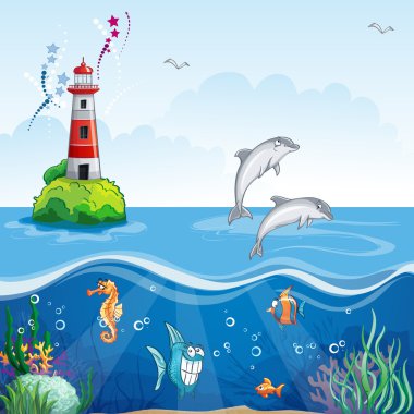 Lighthouse and the sea dolphins clipart