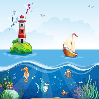 Deniz feneri ve yelkenli. Deniz tabanı ve komik balık