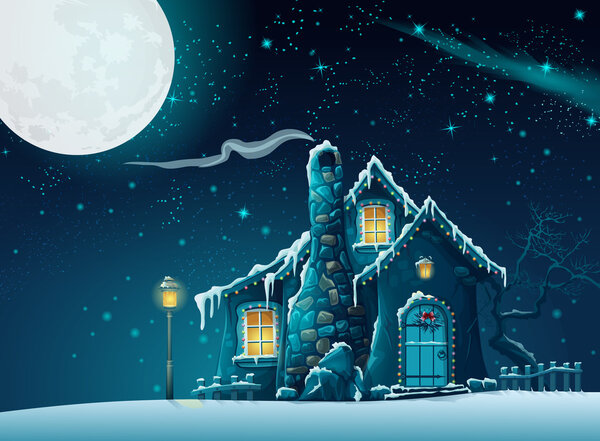 Winter night with a fabulous home in the moonlight