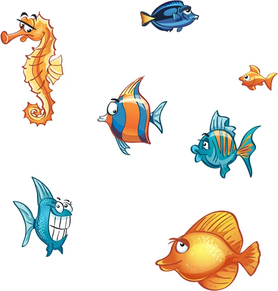 Dibujos animados peces marinos y patines . — Vector de stock