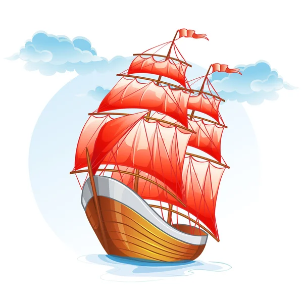 Velero con velas rojas. — Vector de stock