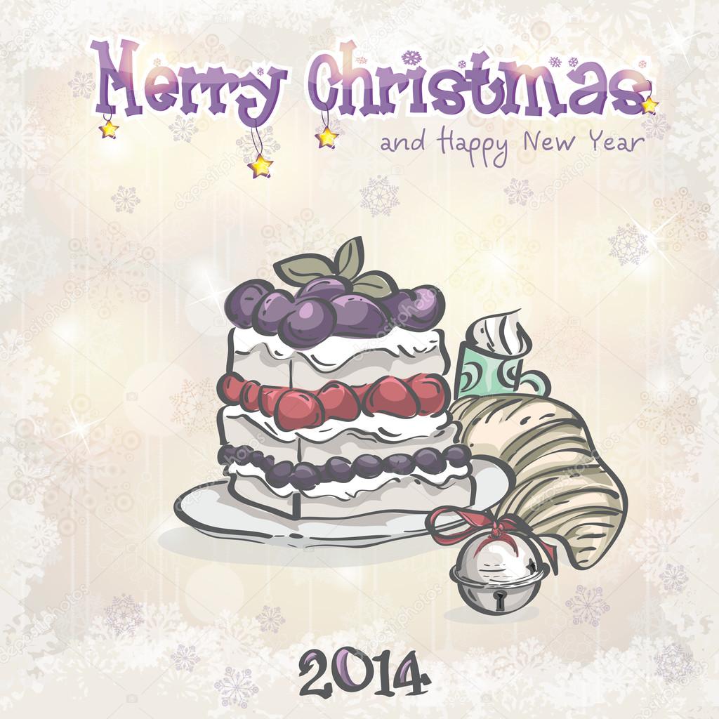 Christmas and the new year with a cake and a bell.