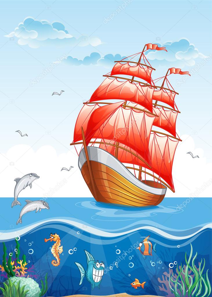 Sailboat with red sails and the underwater world.