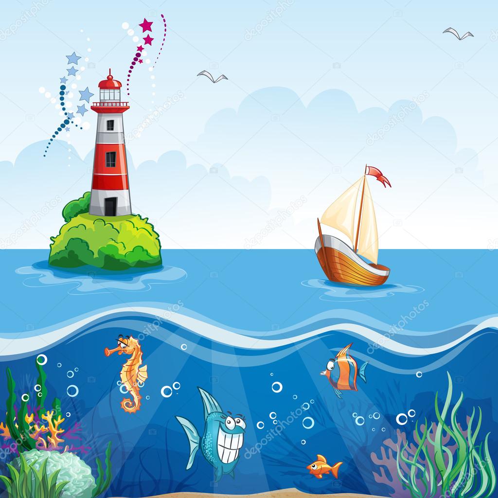 Lighthouse and sailboat. On the sea floor, and funny fish