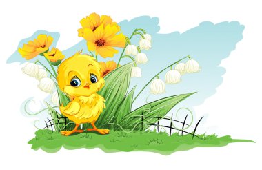 arka plan, sarı çiçek ve lily vadi üzerinde sevimli tavuk