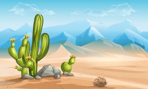 Desierto con cactus sobre un fondo de montañas — Archivo Imágenes Vectoriales