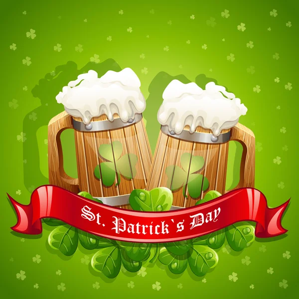 St. patrick's day met een mok van ale en een rood lint — Stockvector