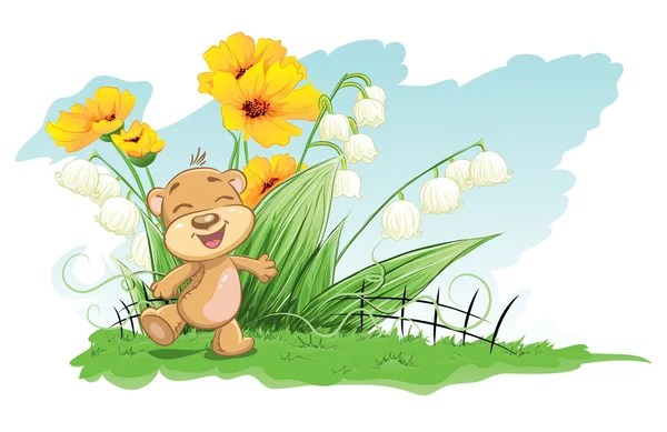 Cheerful bear with lilies and flowers — Stock Vector