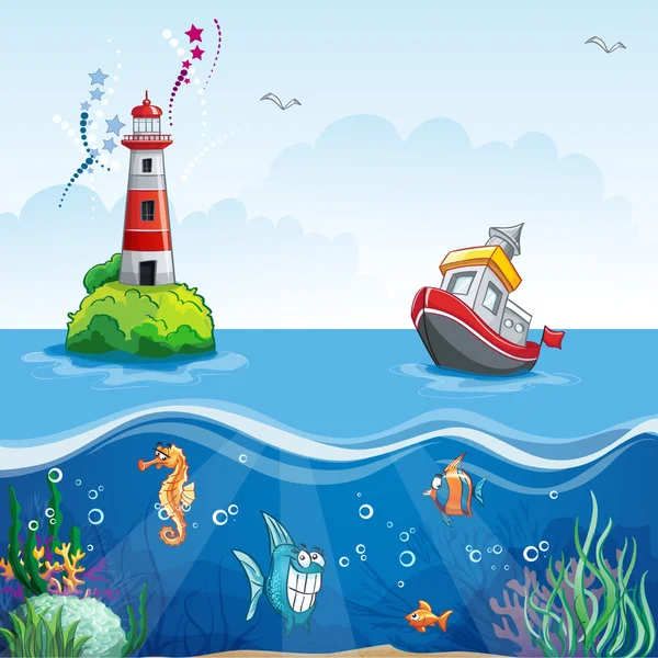 Estilo de dibujos animados de un barco en el mar y peces divertidos — Vector de stock