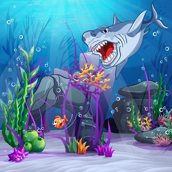 Underwater world and the evil shark — Stock Vector