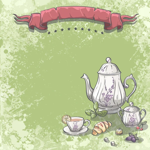 Teeservice mit Teeblättern, Croissants und Früchten — Stockvektor