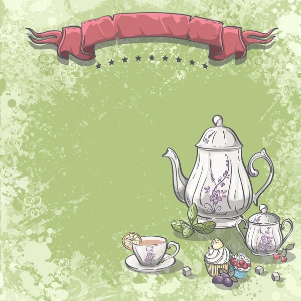 Υπηρεσία τσάι με τα φύλλα τσαγιού, cupcakes και κύβους ζάχαρης. — Διανυσματικό Αρχείο