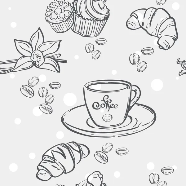 Motif avec tasse de café, croissants et muffins — Image vectorielle