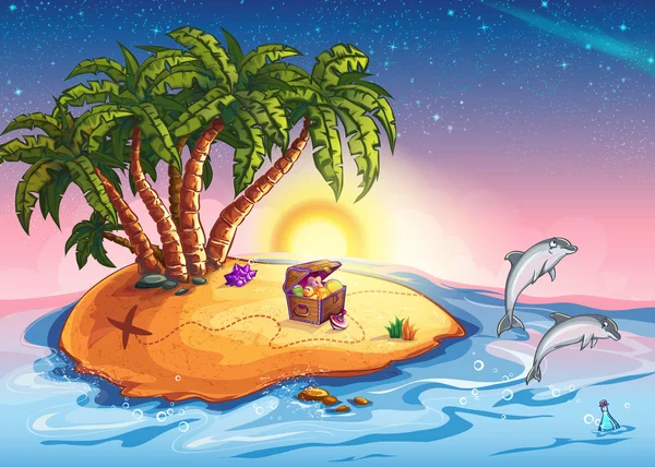 Schatzinsel bei Sonnenuntergang und fröhliche Delfine — Stockvektor