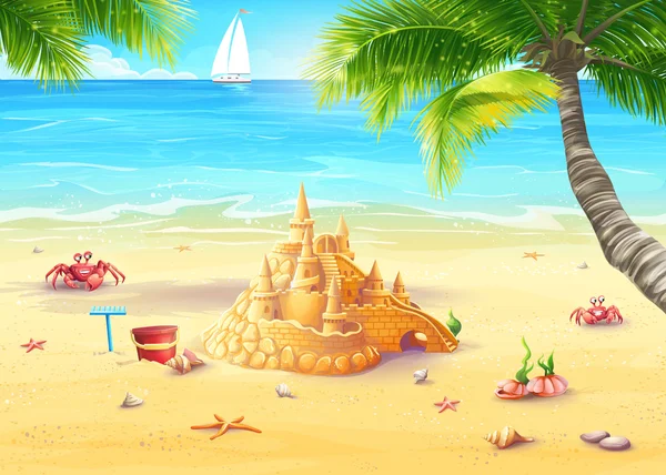 Sea with sand castle and merry mushrooms — Stock Vector