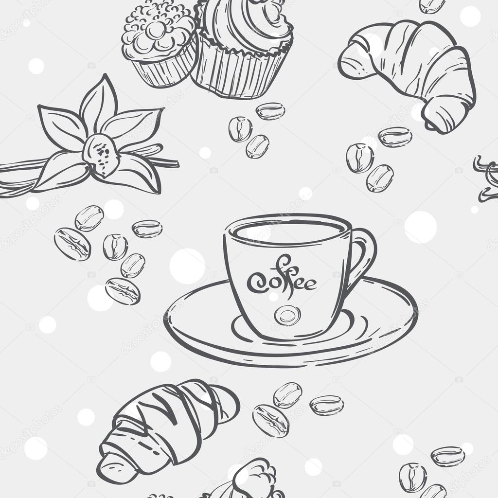 Pattern with cup of coffee, croissants and muffins