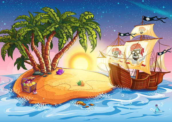 Иллюстрация острова сокровищ и пиратского корабля
