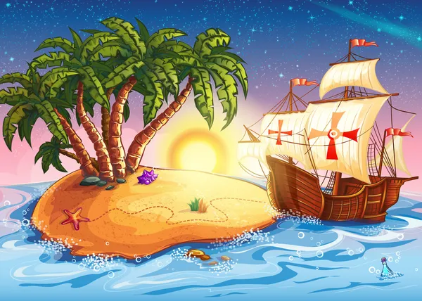 Illustration de l'île avec le navire explorateur — Image vectorielle