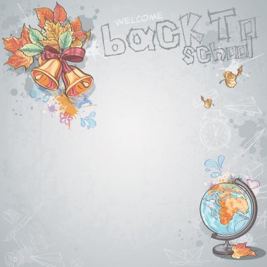 Background image for text with a school bell, autumn leaves and globe clipart