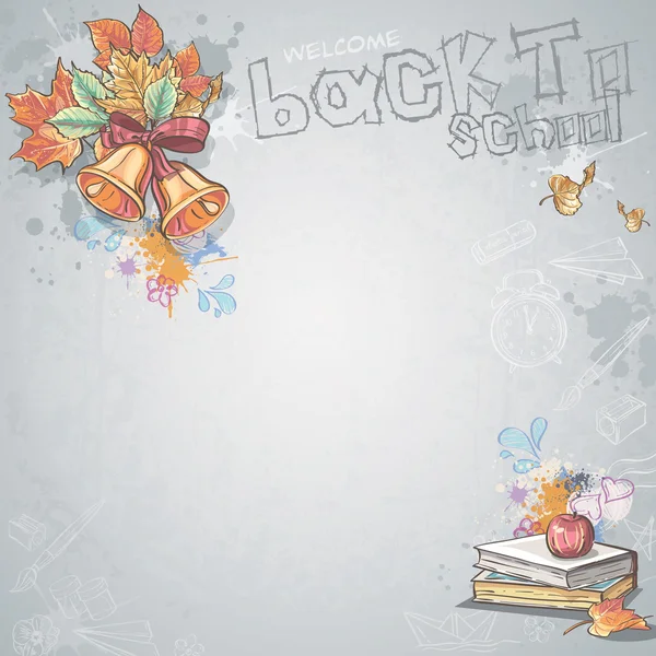 Achtergrondafbeelding voor tekst met school klokken, boeken en apple — Stockvector