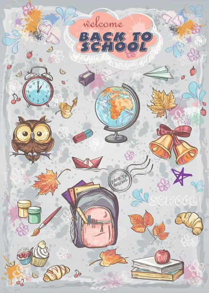 Набор различных предметов школы рюкзак, краски, глобус и осенние листья Стоковая Иллюстрация