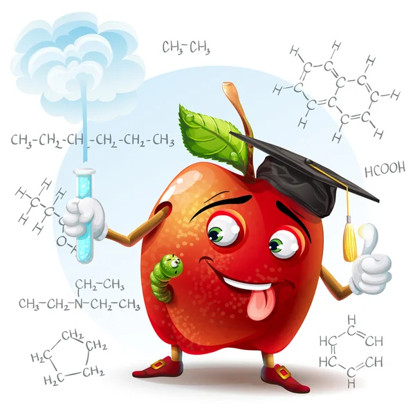 Ilustração da maçã escolar com substância nociva em um tubo de ensaio em sua mão e as fórmulas químicas em segundo plano . — Vetor de Stock