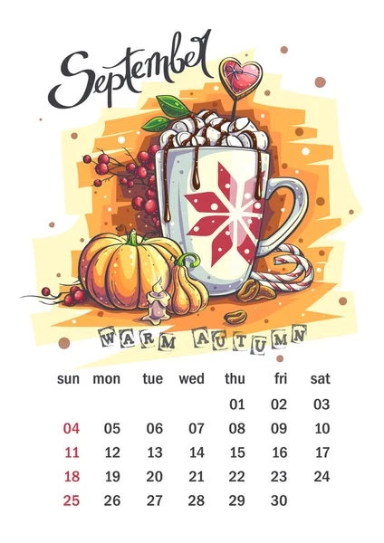 2022 Kalender September Grappige Cartoon Pompoen Kaars Marshmallows Koffiebonen Rowan — Stockvector