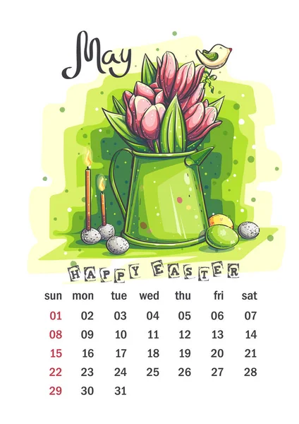 2022 Kalender Mei Grappige Stripbloemen Bloempot Paaseieren Kaars Tulpen Voor — Stockvector