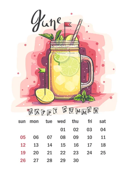 Kalender Juni 2022 Glas Met Limonade Munt Citroen Voor Bedrukking — Stockvector