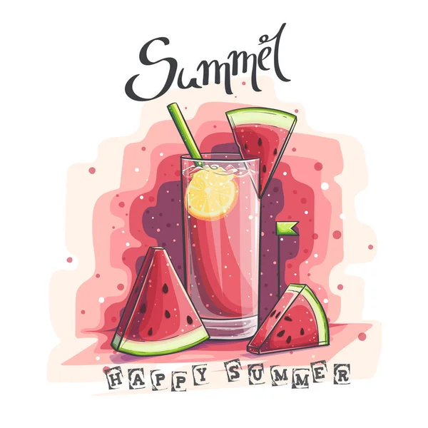 Vektor Bakgrund Illustration Happy Summer Glas Med Vattenmelon Och Citron — Stock vektor