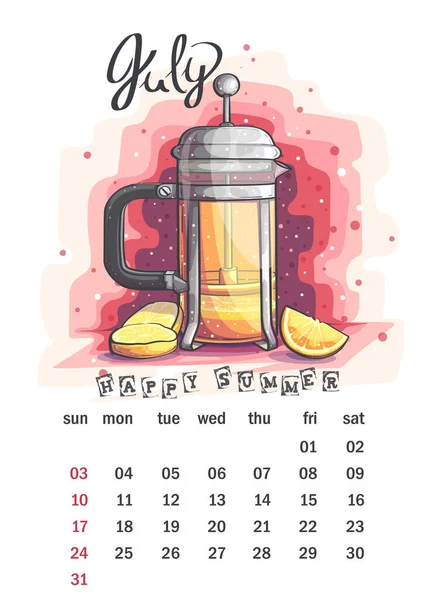 Calendario Julio 2022 Vaso Con Teamint Naranja Limón Para Imprimir — Archivo Imágenes Vectoriales