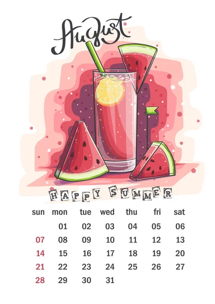 Kalender Augustus 2022 Glas Met Watermeloen Citroen Voor Bedrukking Aanvraag — Stockvector