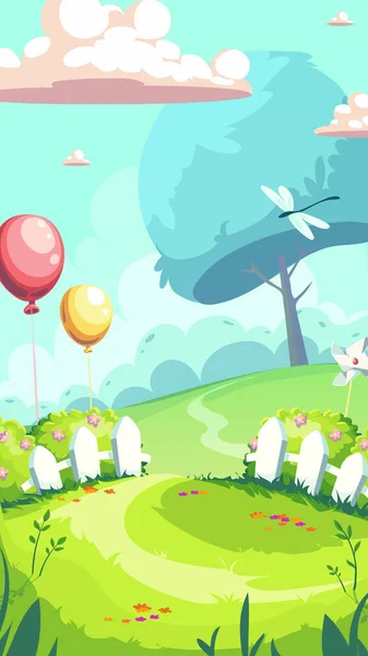 Διανυσματική Κάθετη Απεικόνιση Αερόστατα Πάνω Από Πράσινους Λόφους Άνοιξη Για — Διανυσματικό Αρχείο