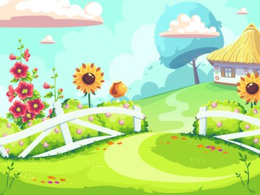 Vector background illustration farm on green meadow. For print on demand, magazines and newspapers, book covers.