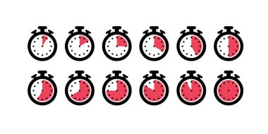 Zaman vektör simgesi pişiriliyor. Yemek zamanlayıcısı logosu tasarımı. 5 dakika haşlama tenceresi, kızartma tavası, mikrodalga watt ve fırında pişirme. Yiyecek paketleme ürünleri için talimatlar. İzole elementler.