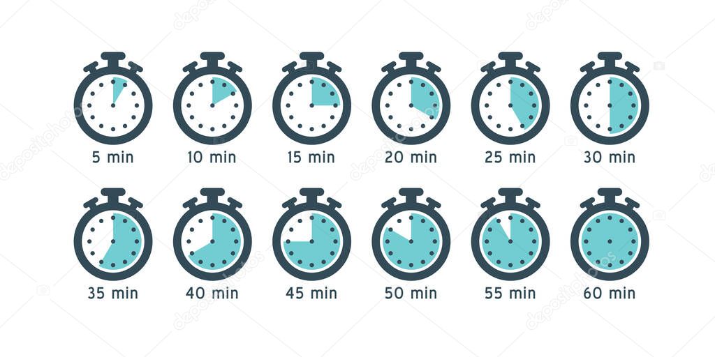 Cooking time vector icon. Meal Timer logo design. 5 minutes cook in boiling saucepan, fry pan,  microwave watt and oven cooker.  Instructions for packaging food products. Isolated elements.