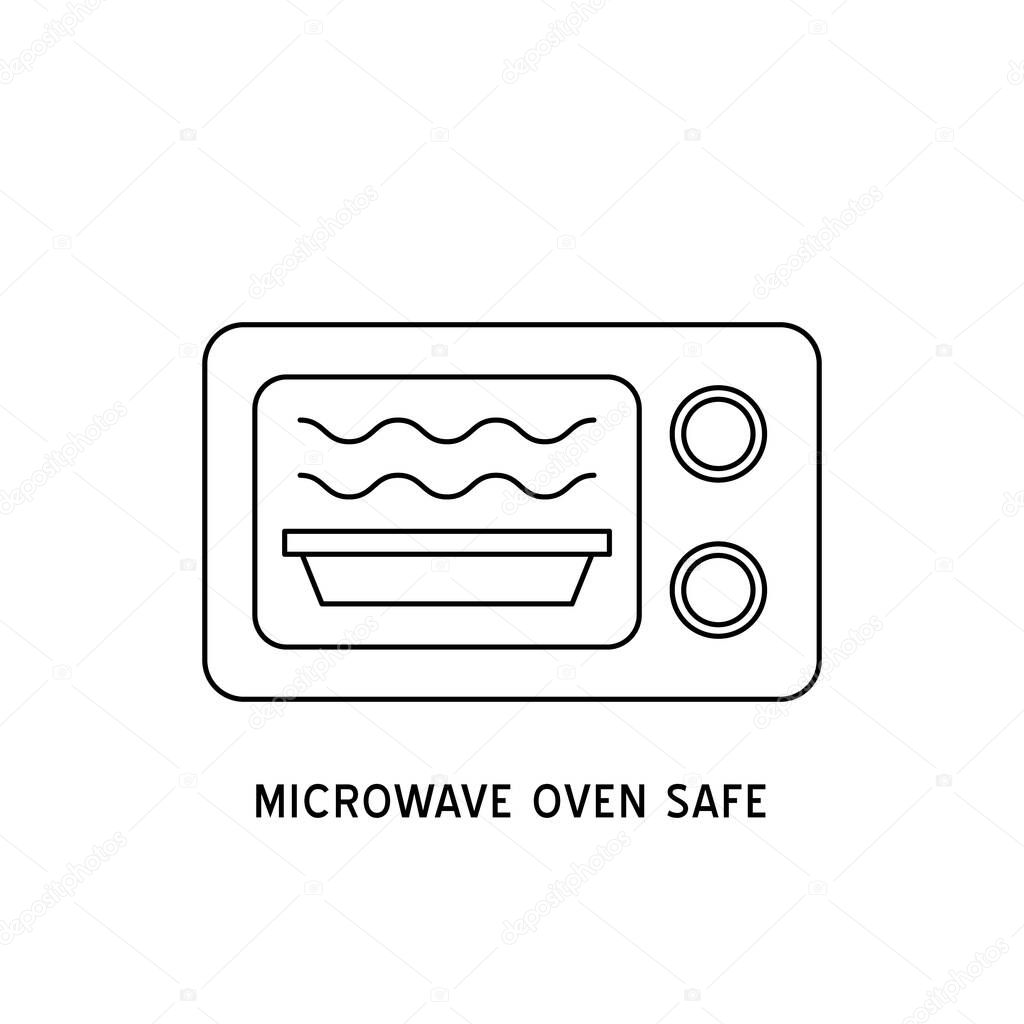 Microwave oven safe vector outline icon. Wave Cooking line logo.  Reheat meal  kitchen pictogram. Instructions for packaging food products. Isolated elements.