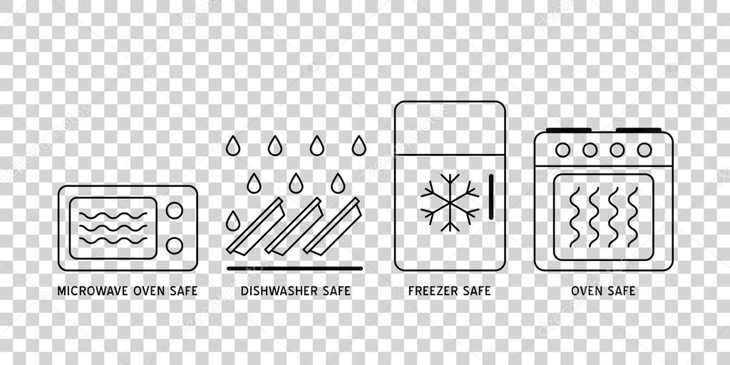 Microwave oven safe vector outline icon. Wave Cooking line logo.  Reheat meal  kitchen pictogram. Instructions for packaging food products. Isolated elements.